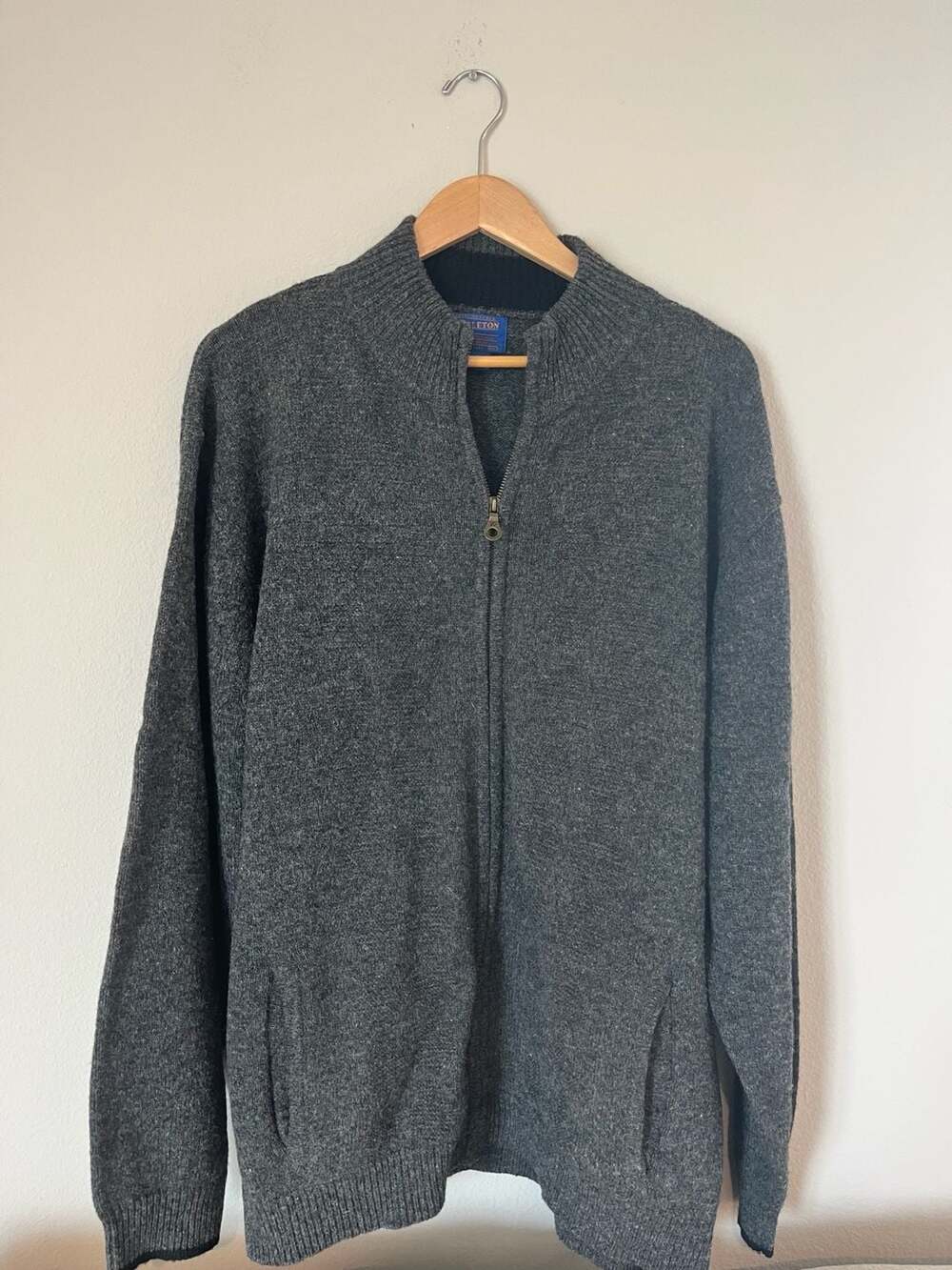 Pendleton, 100% Shetland Wool, Full Zip Mock Neck Sweater, Heathered Grey, 2XL